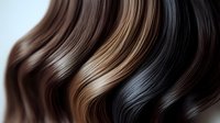 Luxurious wavy hair strands in multiple shades from dark brown to blonde creating smooth flowing curves and highlights against dark background. For beauty and salon ads.