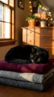 Black cat sleeping on stacked knit blankets in cozy home interior with warm sunlight from window and blurred furniture background.