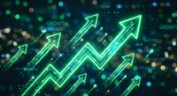 Green neon arrows pointing upward with glowing bokeh lights background representing business growth, success, progress and financial advancement concept.