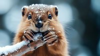 Groundhog with snow on its face and nose, holding a frosted branch in its paws during winter season for wildlife and nature content.