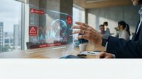 Businessman interacting with holographic display showing market fluctuations and caution alerts in modern office with colleagues and city skyline visible through windows.