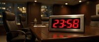 Digital clock displaying 23:58 on wooden desk in modern office environment with warm lighting and blurred background creating professional atmosphere.