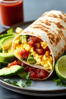 Grilled breakfast burrito with scrambled eggs, avocado and salsa served on plate with lime wedges and cilantro garnish for Mexican cuisine and morning meal concepts.