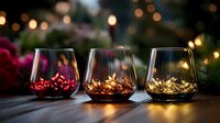 Festive cocktails with glowing lights inside glasses arranged outdoors at dusk, perfect for holiday celebrations, events, and beverage marketing campaigns.