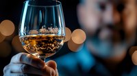 Glass of golden whiskey or bourbon with bubbles held by person against dark background with bokeh lights for luxury beverage advertising.