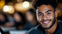 Young mixed-race man with curly hair smiling warmly at camera in cozy restaurant setting with soft bokeh lights creating intimate dining atmosphere.