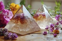 Clear quartz crystal pyramids surrounded by purple and yellow flowers on wooden surface, creating mystical healing atmosphere with natural light and soft focus.