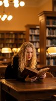 Young blonde woman with curly hair reading book in warm library with glowing lamps and bookshelves creating cozy academic atmosphere for study and research.