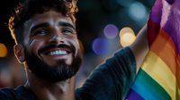 Young bearded man with bright smile holding rainbow pride flag at evening celebration with bokeh lights in background, representing diversity and inclusion.