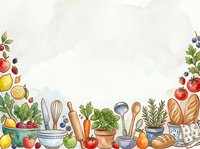 Watercolor kitchen border with fresh vegetables, fruits, herbs, and cooking utensils on white background, copy space for culinary design.