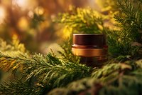 Amber glass jar nestled among fresh green pine branches with warm golden bokeh lights creating festive holiday atmosphere for natural skincare products.