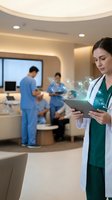 Female Caucasian doctor in white coat reviews holographic medical data on tablet in modern hospital, with healthcare team and patient in background.