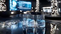 Elegant cocktail glasses with clear liquid on reflective surface against blurred bokeh lights background, creating luxurious nightlife atmosphere at upscale bar or lounge.