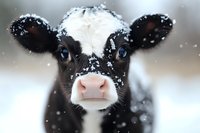 Close up portrait of young black and white calf with blue eyes covered in snow flakes, looking directly at camera against winter background.