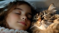 Young girl and tabby cat sleeping peacefully together on bed, sharing tender moment of companionship and relaxation, showcasing bond between child and pet.