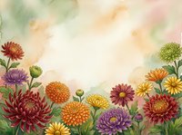 Colorful chrysanthemum flowers border frame on soft watercolor background with copy space for autumn seasonal designs and floral decorations.