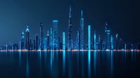 Futuristic night cityscape with glowing blue skyscrapers reflected in calm water, modern urban architecture silhouettes against dark sky creating mirror effect.
