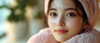 Young Asian woman with skincare face mask patches under eyes wearing pink bathrobe in spa wellness setting for beauty treatment and self-care routine.
