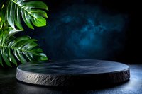 Dark stone podium with tropical monstera leaves against moody blue background for luxury product display and branding presentations.