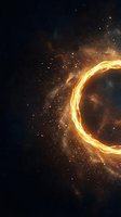 Glowing golden fire ring with sparkling particles against dark cosmic space background for fantasy and science fiction designs.