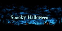 Dark silhouette of haunted house against dramatic blue night sky with spooky text overlay and eerie forest background creates mysterious Halloween atmosphere.