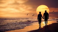 Romantic couple silhouettes walking on beach at sunset with golden sky and ocean waves. Perfect for love, relationship and vacation concepts.