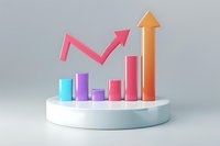 Colorful 3d bar chart with ascending arrow showing business growth and success on white platform against gray background, modern minimal design style.