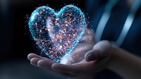 Glowing blue heart shape with sparkles floating above open palm against dark background, magical light particles creating romantic atmosphere.