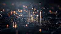 Glowing digital network lines rising upward with orange bokeh lights on dark background, representing data visualization and technological connectivity.