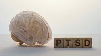 Human brain model beside wooden blocks spelling PTSD on a light surface, symbolizing post-traumatic stress disorder awareness and mental health.