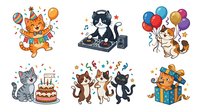 Cartoon cats celebrating with party elements including balloons, confetti, birthday cake, DJ equipment, and gift boxes on transparent background, suitable for greeting cards, invitations, and children's designs.