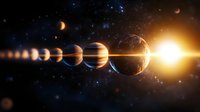 Planets of solar system aligned in row with bright sun and stars in deep space, cosmic astronomy background showing celestial bodies in universe.