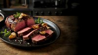 Grilled beef steak sliced and served on cast iron plate with herbs and vegetables on rustic wooden table for gourmet dining and culinary presentations.