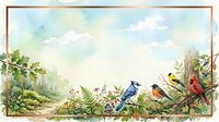 Watercolor illustration of blue jay, robin, cardinal, and finch perched among lush garden foliage, wildflowers, and ferns with soft cloudy sky backdrop for nature and wildlife design projects.