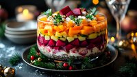 Layered vegetable salad with beets, carrots, potatoes and mayonnaise dressing arranged in glass bowl. Traditional Russian holiday dish decorated with herbs and cranberries.