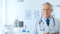 Senior male doctor with gray hair and stethoscope holding tablet in modern medical office, healthcare professional ready for patient consultation.