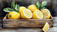 Fresh yellow lemons with green leaves in rustic wooden box and sliced citrus pieces on dark background, watercolor style artwork for kitchen decor.