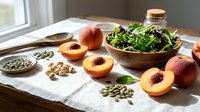 Fresh peach halves with mixed greens salad, nuts and seeds on rustic wooden table by window. Healthy organic summer meal preparation concept.
