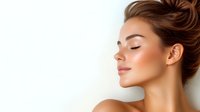 Young Caucasian woman with glowing natural makeup and updo hairstyle on white background, side view profile showing radiant healthy skin and serene expression.