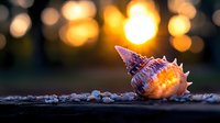 Seashell on beach stones at sunset with golden bokeh lights in background, macro photography capturing warm evening glow and natural coastal atmosphere.
