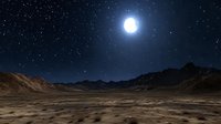 Dramatic moonlit desert landscape with rocky mountains silhouetted against starry night sky, bright full moon casting ethereal glow across barren terrain.