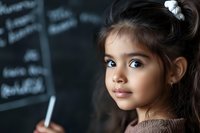 Young South Asian girl student with bright eyes and ponytail holds chalk near blackboard in classroom, expressing curiosity and engagement in learning environment.
