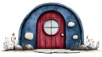 Whimsical hobbit-style dwelling with rounded blue exterior, arched red door featuring circular window, and mushrooms scattered around entrance on white background, ready for children's book illustrations, fantasy game design, and storybook clipart applications.