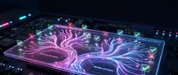 Glowing neural network tree on a circuit board with neon pink and blue pathways, checkmarks, and futuristic AI data flow visualization.