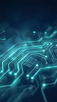 Glowing circuit board pathways with luminous nodes and connections on dark blue background, representing digital technology, data flow, and electronic systems for tech and innovation concepts.