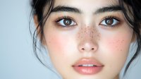 Young Asian woman with freckles, natural makeup, and dark hair against light background, looking directly at camera with soft expression and glowing skin.