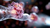 Microscopic view of virus cell structure in red and white tones showing detailed membrane, proteins and genetic material against dark background with bokeh effect.