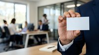 Businessman in dark suit holding blank white business card in modern office environment with colleagues working in background.