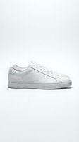 White leather low-top sneaker with minimalist design, featuring textured grain leather upper, white laces, and padded collar. Isolated on white background for design use.