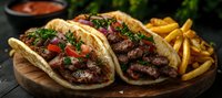 Mexican street tacos with grilled beef, fresh cilantro, diced tomatoes and onions served on wooden board with golden french fries and spicy sauce for dining.